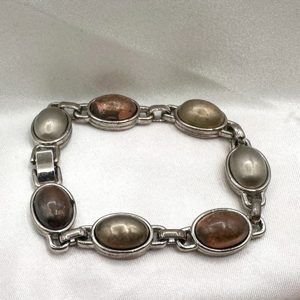 Vintage‎ Silver Tone Mixed Metal Color Oval Cabochon Link Bracelet Copper Bronze